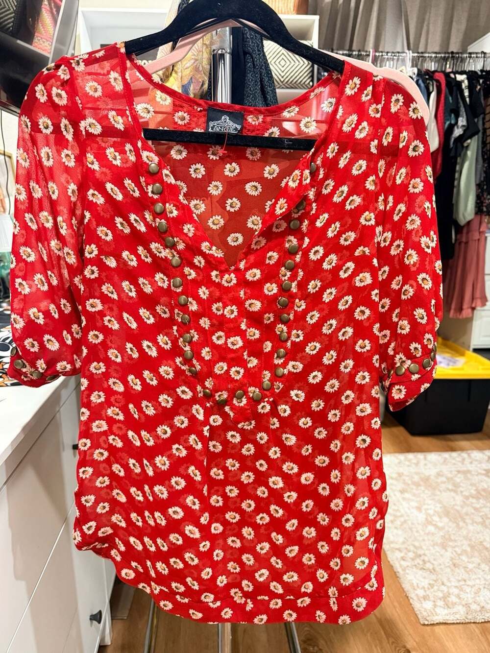 Angie Red Daisy Floral Tunic Top with Stud Detail Size M